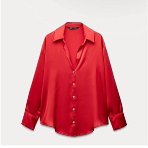 Zara Red Satin Effect Blouse – Bold Cherry Red, Relaxed Silhouette